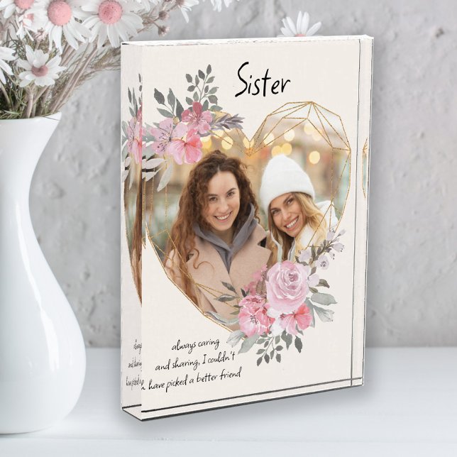 Sister Pink Floral Gold Geometric Heart Shaped Photo Block (Creator Uploaded)