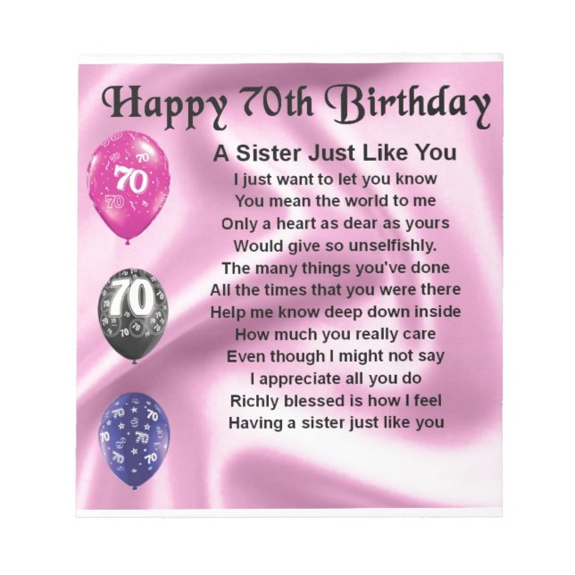 Sister Poem - 70th Birthday Notepad (Front)