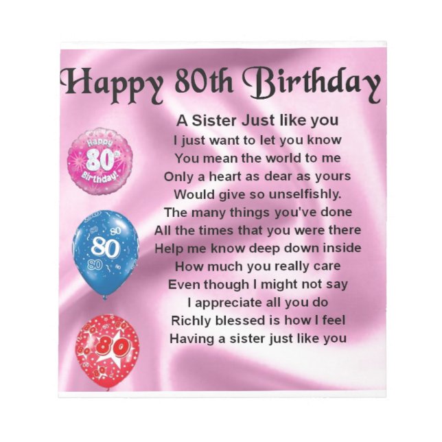 Sister Poem  - 80th Birthday Notepad (Front)