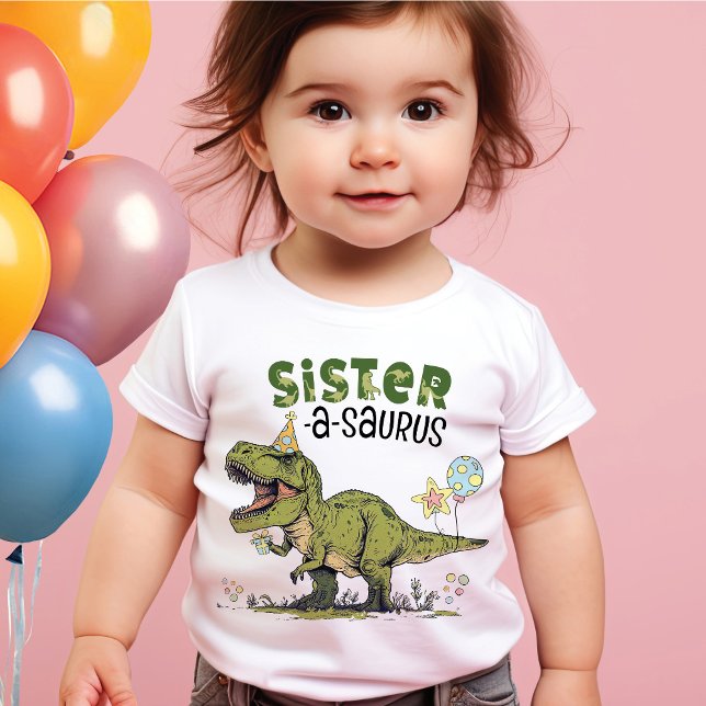 Sister-saurus Dinosaur Theme Kids Birthday Party T-Shirt (Cute funny sister-a-saurus t-rex dinosaur theme kids birthday party matching family members t-shirt)
