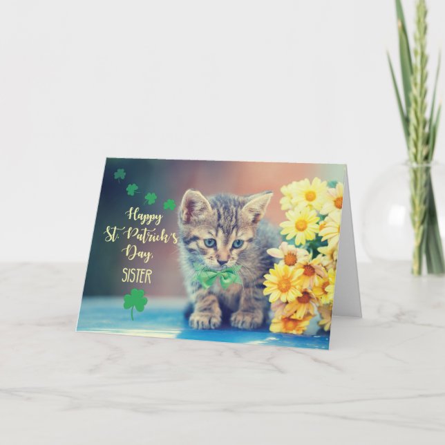 Sister St. Patrick’s Day Kitten w/ Yellow Daisies Card (Front)