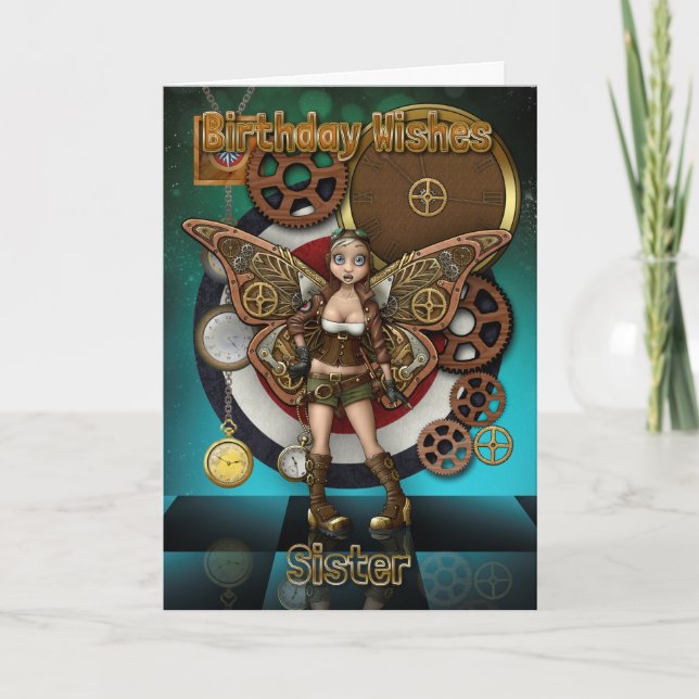 Sister Steempunk Fairy, Cogs And Clocks Card (Front)