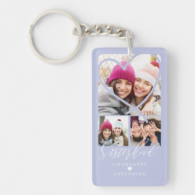 Sisterhood Script BFFs Heart 3 Photo Grid Collage  Key Ring (Front)