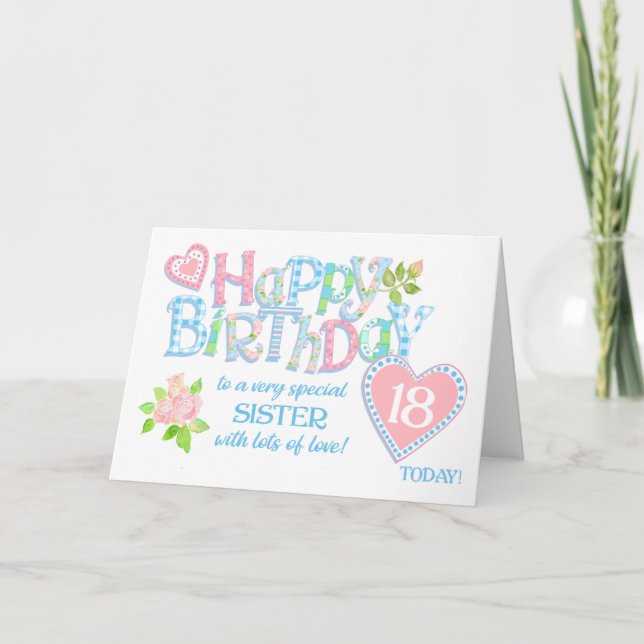 Sister's 18th Birthday Roses Hearts Word Art Card (Front)
