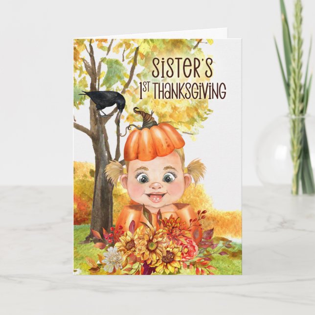Sister's 1st Thanksgiving Blonde Baby Girl Pumpkin Holiday Card (Front)