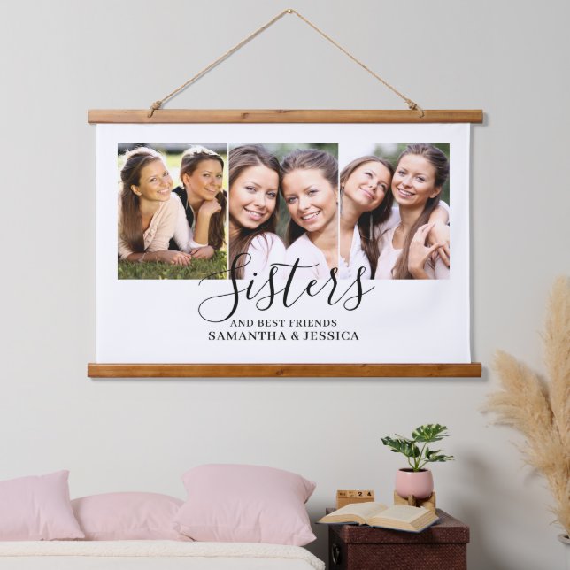 Sisters 3 Photo Collage Wood Topped Wall Tapestry (Bedroom)