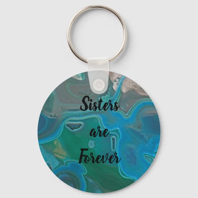 Sisters are Forever Blue Marbled Pattern Gemstone Key Ring (Front)