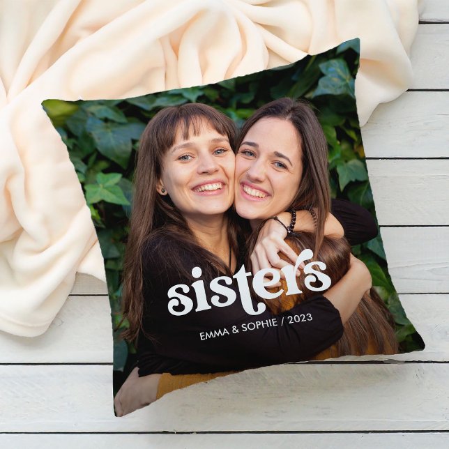 Sisters | Boho Text Overlay with Two Photos Cushion (A retro and boho style photo pillow for your sister)