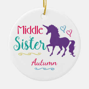 Sisters Colourful Unicorn Middle Sister Christmas Ceramic Ornament