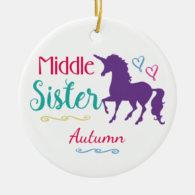 Sisters Colourful Unicorn Middle Sister Christmas Ceramic Ornament (Front)