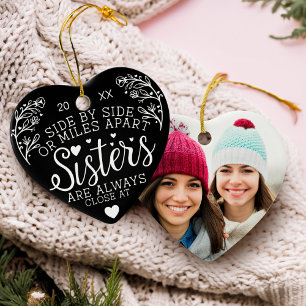 Sisters Connected At Heart Photo Keepsake Black Ceramic Ornament