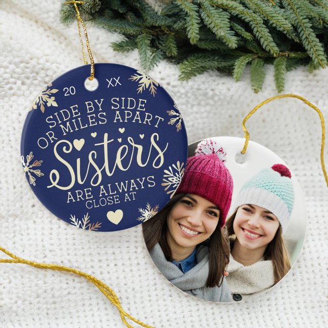 Sisters Connected At Heart Photo Keepsake Navy Ceramic Ornament (Sisters Connected At Heart Photo Keepsake Navy Ceramic Ornament)