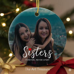 Sisters Connected At Heart Photo Keepsake White Ceramic Ornament