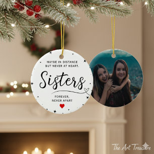 Sisters Connected At Heart Photo Keepsake White Ceramic Ornament