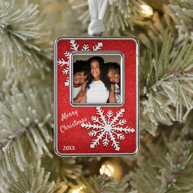 Sisters / Family Snowflake and Red Glitter Silver Plated Framed Ornament (Tree)