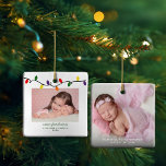 Sister's First Christmas Colourful Lights Photo Ceramic Ornament<br><div class="desc">Sister's First Christmas is the perfect take on Baby's First Christmas! Cute, Modern yet Rustic Christmas Holiday Photo Square Ornaments featuring a colourful string of Christmas bulbs in festive red, green, yellow, and gold! Add 2 of your favourite photos for the perfect ornament! Please contact us at cedarandstring@gmail.com if you...</div>