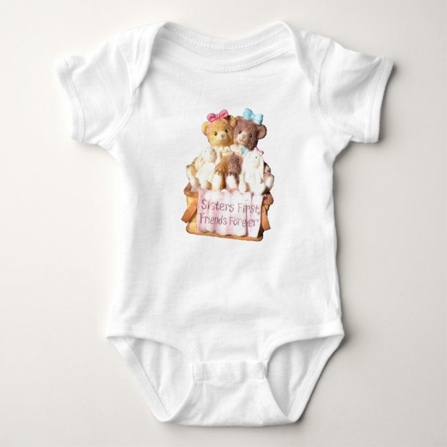 Sisters First Friends Forever Bears and Bunnys Baby Bodysuit (Front)