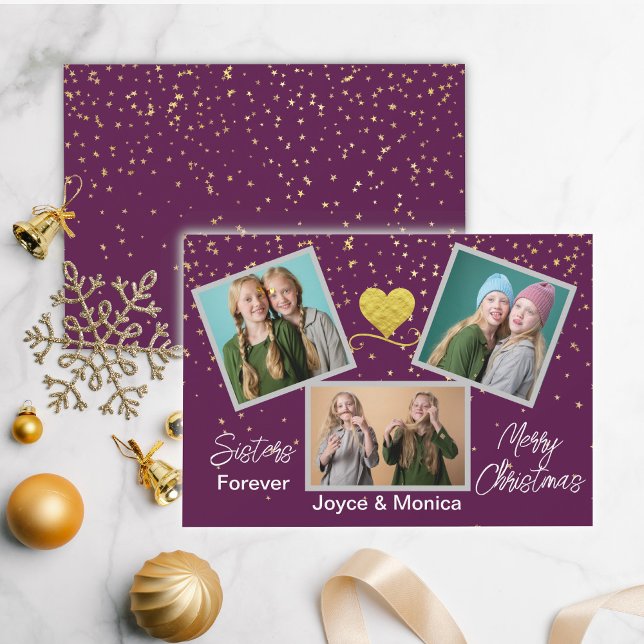 Sisters Forever Christmas Purple Photo Collage  Holiday Card (Creator Uploaded)