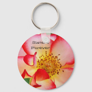 Sisters Forever! keychain White Red Rose Flower