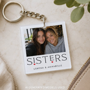 Sisters Heart Typography White Photo Key Ring