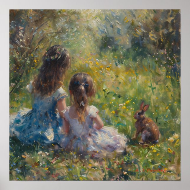 Sisters In The Meadow With Rabbit A. I. Painting Poster (Front)