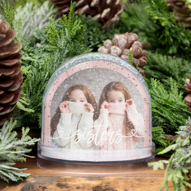 Sisters Love Hearts Pink Personalised Photo Snowglobe (Winter)