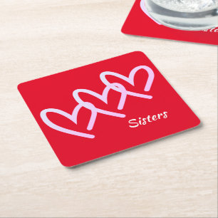Sisters Love Red Heart Square Paper Coaster