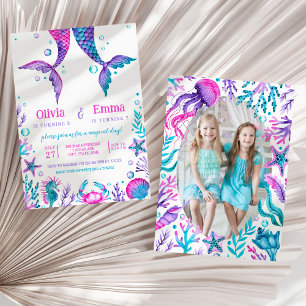Sisters Mermaid Joint Birthday Party Photo Invitation