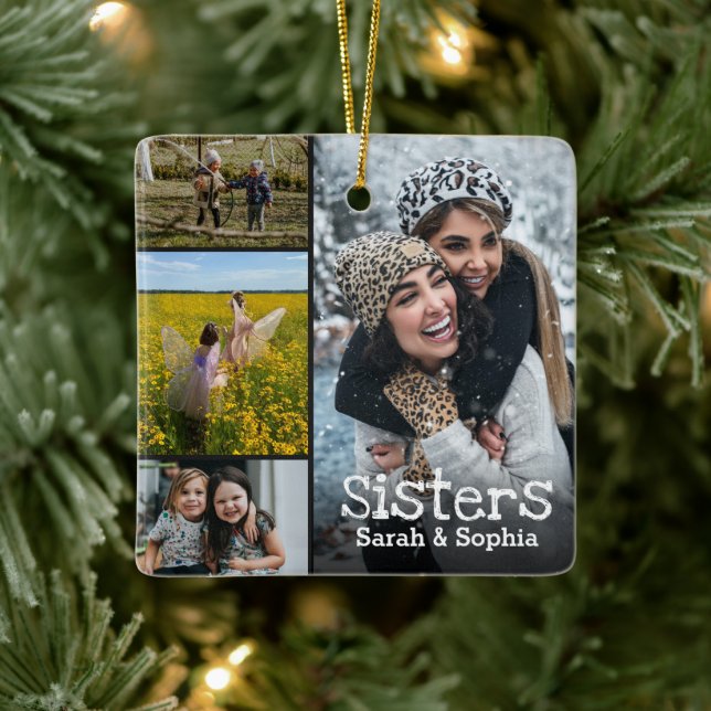 Sisters Modern Personalised 8 Photo Collage Ceramic Ornament (Tree)
