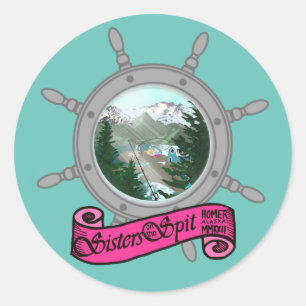 Sisters On The Spit turquoise round sticker