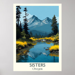 Sisters Oregon Vintage Mountain River Forest Art Poster