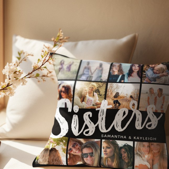 SISTERS, Photo Collage & Names Sibling Cushion (Creator Uploaded)