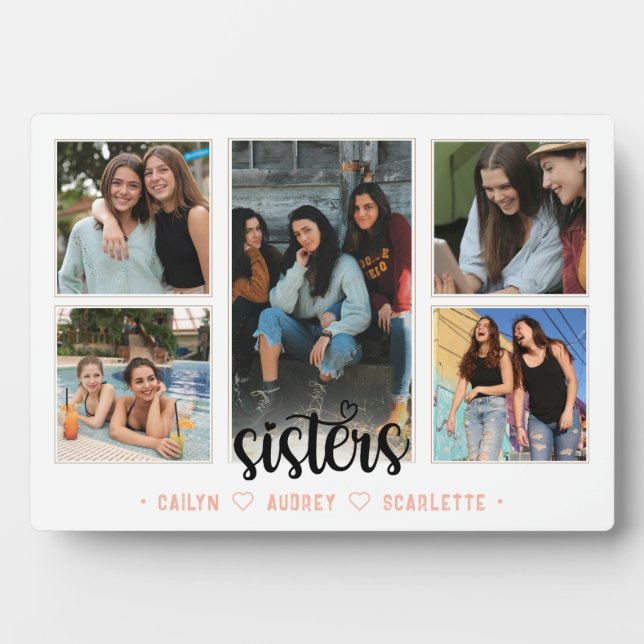 Sisters Photo Collage with 5 Photos & Custom Text Plaque (Front)