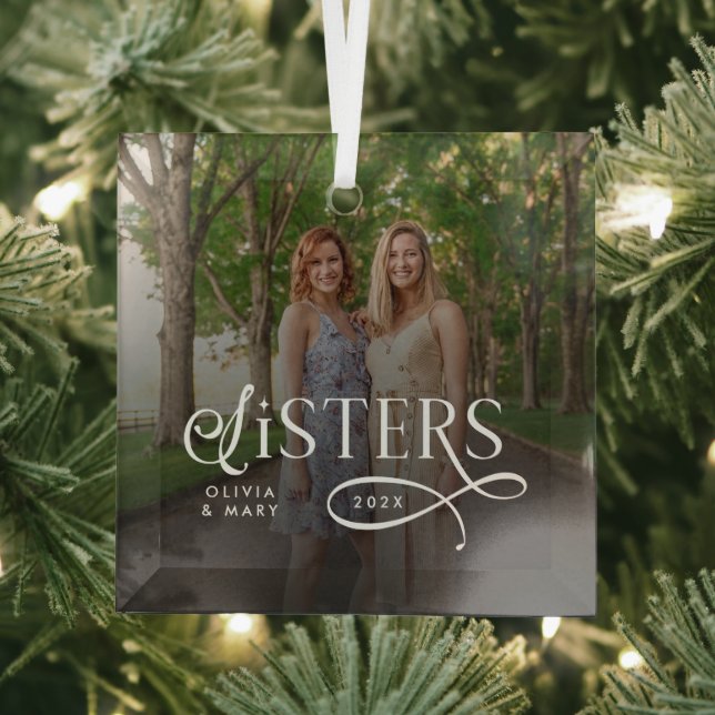 Sisters Photo Personalized Monogram Glass Tree Decoration (Insitu)