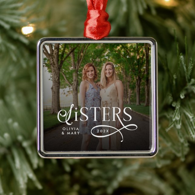 Sisters Photo Personalized Monogram Metal Ornament (Tree)