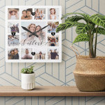 Sisters Script Family Memory Photo Grid Collage Square Wall Clock<br><div class="desc">A beautiful personalised gift for your sister that she'll cherish for years to come. Features a modern thirteen photo grid collage layout to display 13 of your own special family photo memories. "Sisters" designed in a beautiful handwritten black script style. Each photo is framed with a simple gold-coloured frame. Simple...</div>