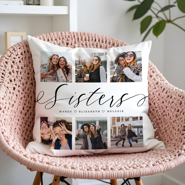 Sisters Script | Gift For Sisters Photo Collage Cushion (Sisters Script | Gift For Sisters Photo Collage Throw Pillow)