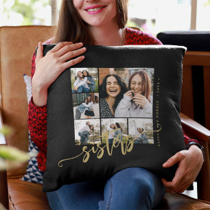 Sisters script photo collage gift cushion