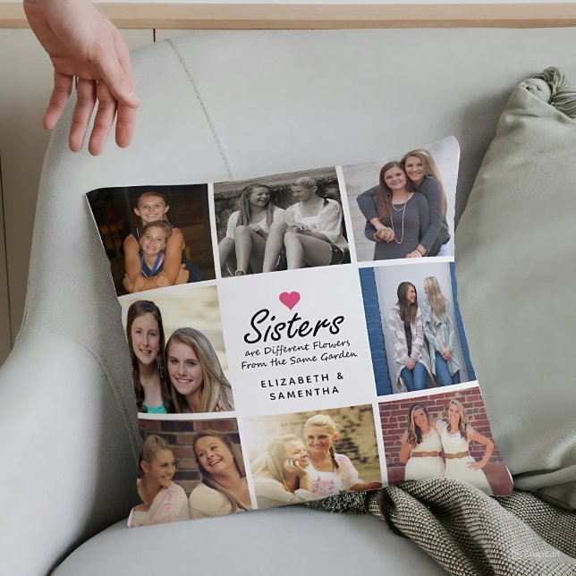Sisters Script Quote Hot Pink Heart Photo Collage Cushion (Creator Uploaded)