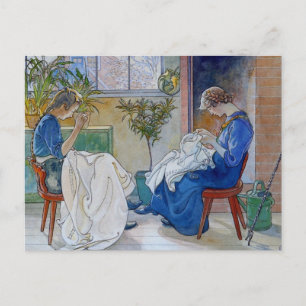 Sisters Sewing by the Fireplace Postcard