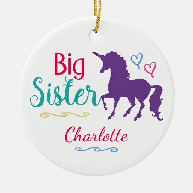 Sisters Unicorn Big Sister Personalised Christmas Ceramic Tree Decoration (Front)