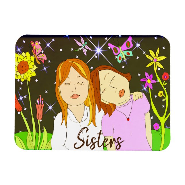 Sisters Whimsical Folk Art Hand drawn Magnet (Horizontal)