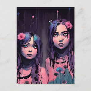 Sisters With Purple Hair Pink Flowers Postcard