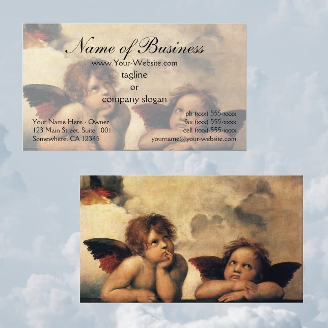 Sistine Madonna Angels by Raphael Raffaello Business Card (Sistine Madonna Angels by Raphael features two angels looking upwards towards the clouds and heaven.)