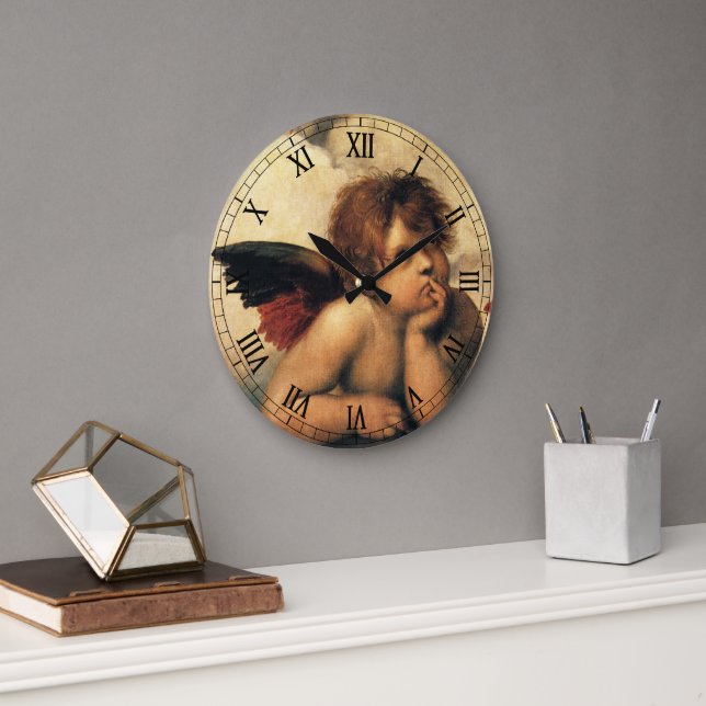 Sistine Madonna Angels by Raphael Sanzio Large Clock (Office)
