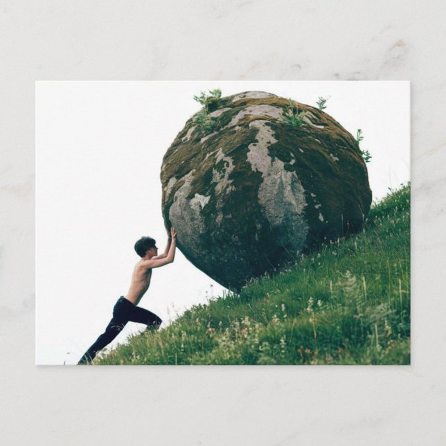Sisyphus Rolling Boulder up Hill Postcard (Front)
