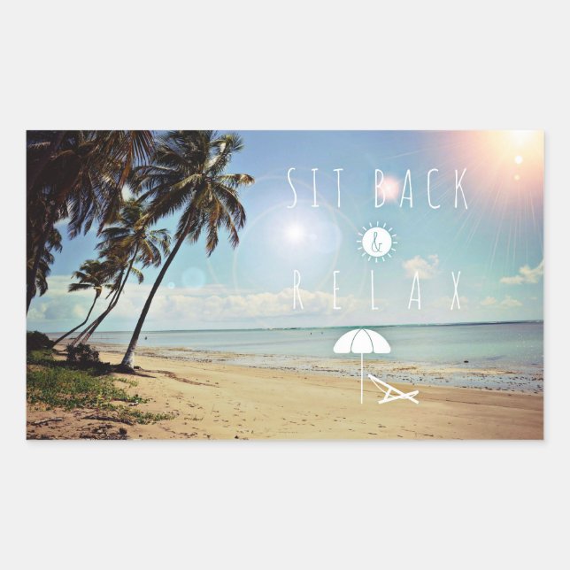 Sit back and Relax Palm Trees on a Tropical Beach Rectangular Sticker (Front)