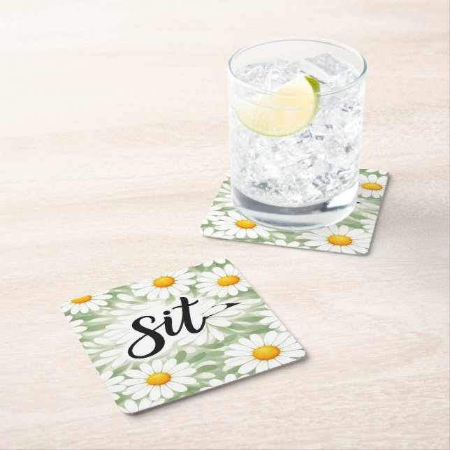 Sit Calligraphy Text On Daisy Abstract Square Paper Coaster (Insitu)