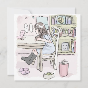 sit down at a desk in a small room card