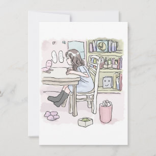 sit down at a desk in a small room card